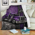 Purple semi truck blanket displayed on a couch with bold black and purple trucker artwork