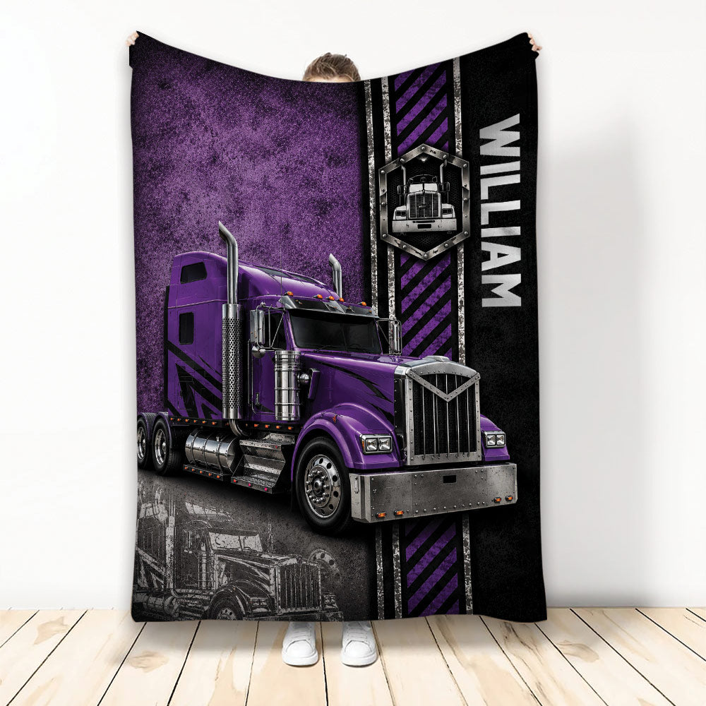 Purple semi truck Trucker Throw Blanket with black and purple striped industrial artwork