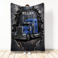Trucker blanket featuring a blue semi truck, rugged metal textures, gears, and industrial artwork