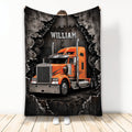 Trucker throw blanket featuring an orange semi truck against a rugged industrial metal and gear background