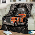 Close view of an orange semi truck throw blanket with gears, metal textures, and rugged industrial styling