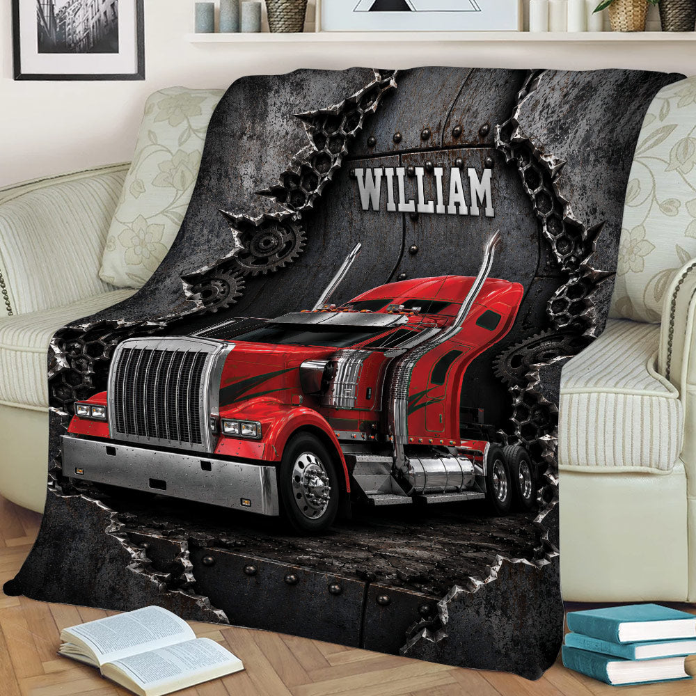 Industrial red semi truck blanket styled across a sofa with gears and distressed metal details