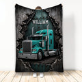 Trucker throw blanket displayed vertically with teal semi truck artwork and rugged industrial metal details