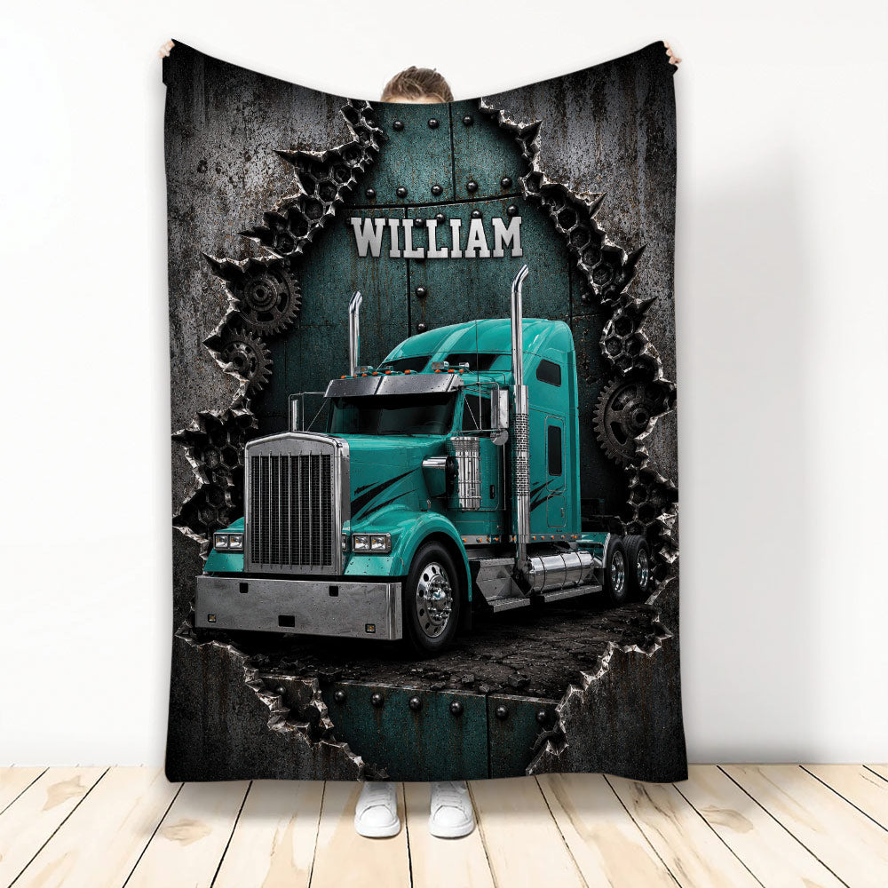 Trucker throw blanket displayed vertically with teal semi truck artwork and rugged industrial metal details