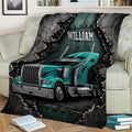 Close view of a trucker throw blanket featuring a detailed teal big rig and distressed industrial design
