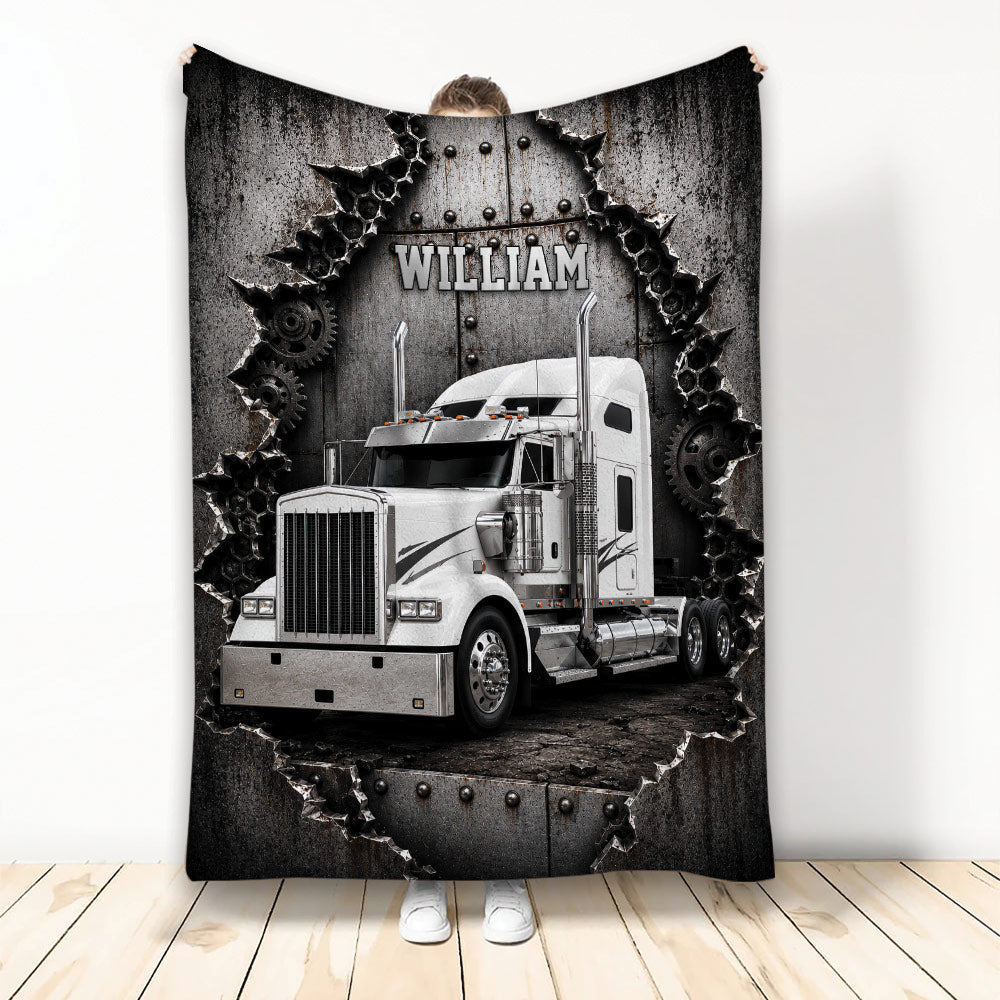 Trucker throw blanket featuring a silver semi truck in a rugged industrial design