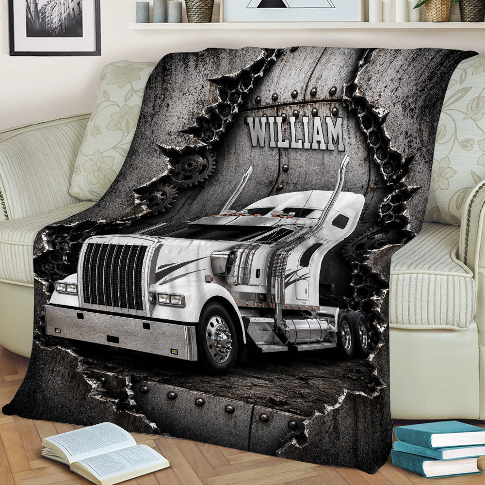 Close view of a semi truck throw blanket with metallic gears and industrial styling
