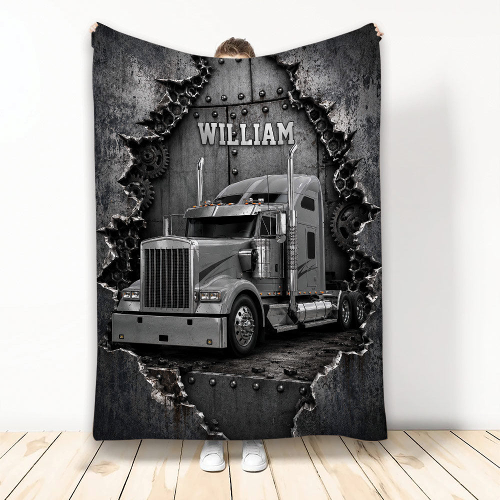 Trucker throw blanket featuring a silver semi truck breaking through a dark industrial metal design