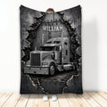 Trucker throw blanket featuring a silver semi truck breaking through a dark industrial metal design