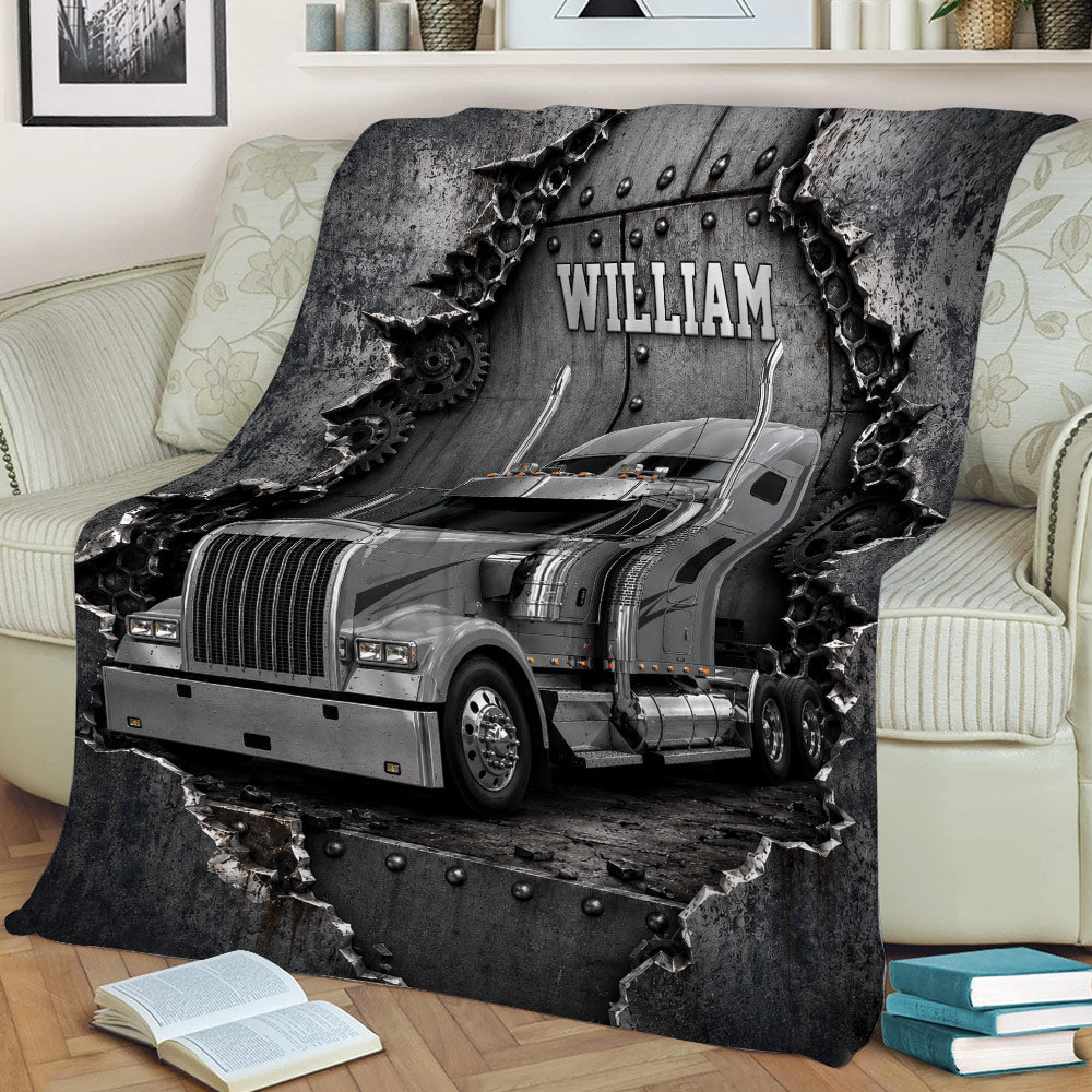 Industrial trucker throw blanket draped over a sofa with bold semi truck artwork