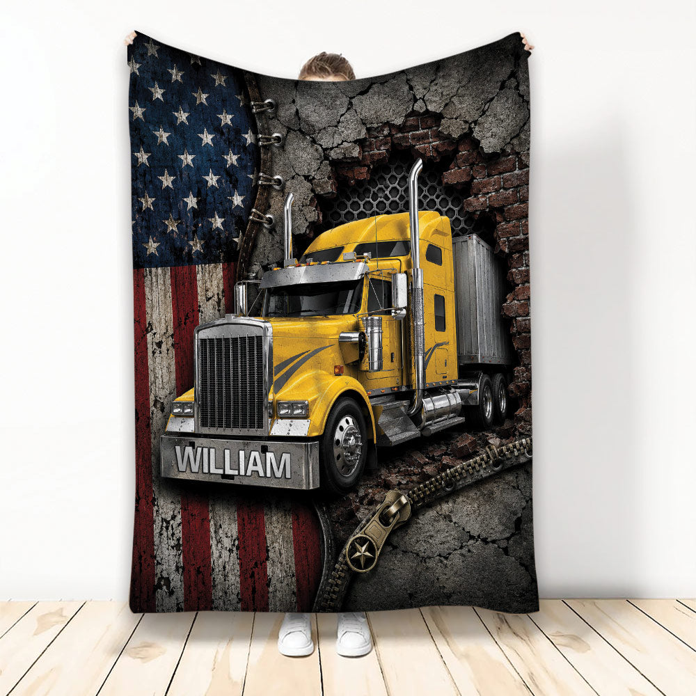 Custom Trucker Blanket featuring a yellow semi truck against a distressed American flag and brick wall backdrop