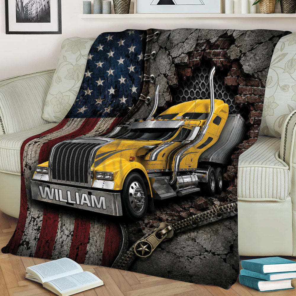 Custom semi truck blanket draped across a sofa, featuring a yellow big rig and distressed patriotic artwork