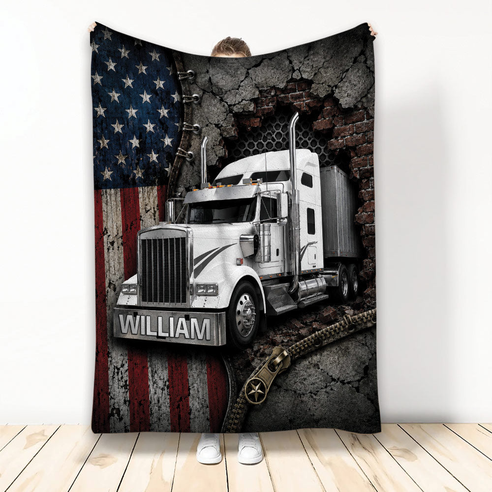 Trucker throw blanket featuring a white semi-truck, distressed American flag, brick wall, and rugged industrial artwork