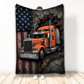 Trucker throw blanket featuring an orange semi truck, distressed American flag, brick wall, and rugged metal details
