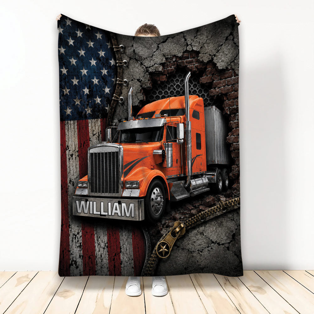 Trucker throw blanket featuring an orange semi truck, distressed American flag, brick wall, and rugged metal details