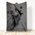Russian Blue cat throw blanket with a dramatic cracked-wall design and paw print detail