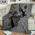 Gray Russian Blue cat throw blanket styled on a sofa with paw print artwork