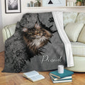Maine Coon cat blanket displayed on a sofa with gray stone-textured artwork