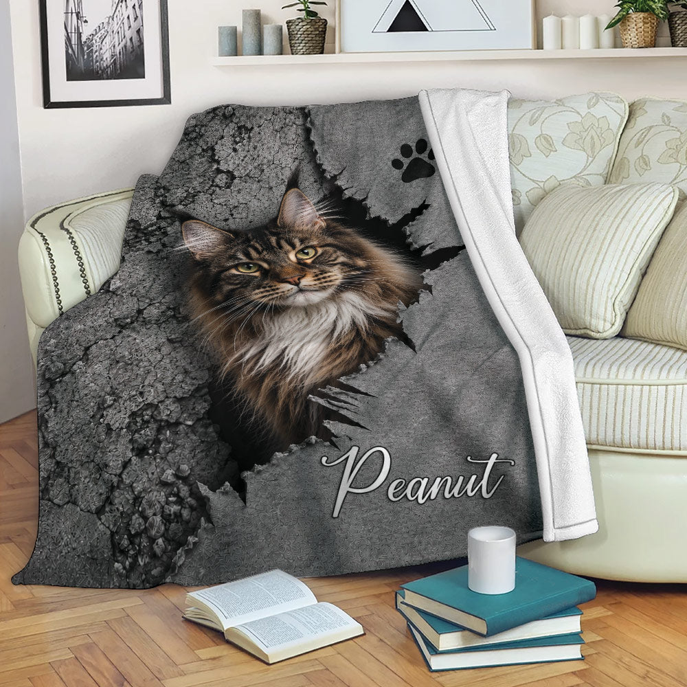 Maine Coon cat blanket displayed on a sofa with gray stone-textured artwork