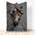 Maine Coon cat throw blanket with dramatic torn stone artwork and paw print detail