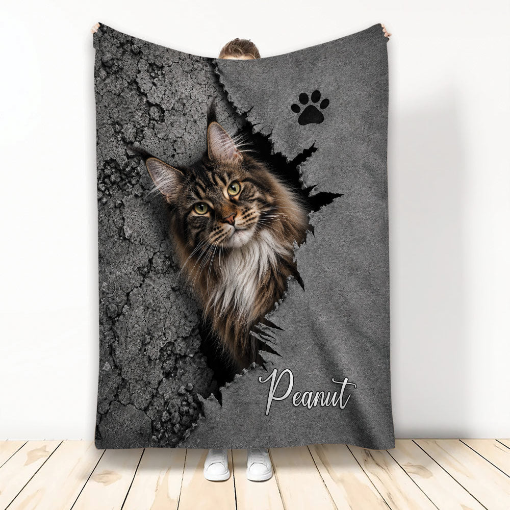 Maine Coon cat throw blanket with dramatic torn stone artwork and paw print detail