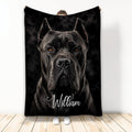 Cane Corso throw blanket displayed upright with dramatic black dog artwork on a dark background