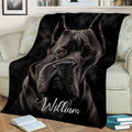 Cane Corso throw blanket styled on a sofa with detailed black dog artwork and dark dramatic tones