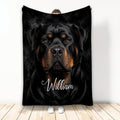 Rottweiler throw blanket featuring a close-up black and tan dog portrait on a dark background