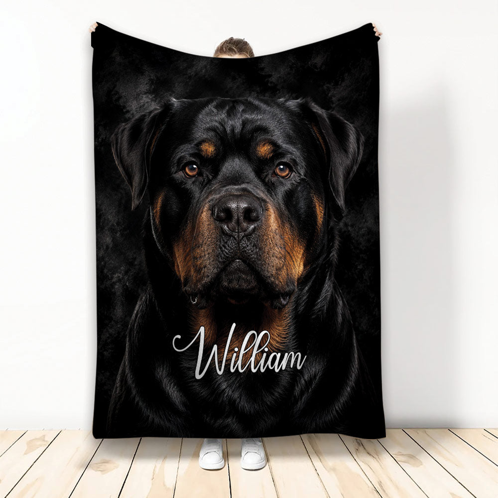 Rottweiler throw blanket featuring a close-up black and tan dog portrait on a dark background
