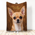 Chihuahua throw blanket displayed upright with a realistic tan dog portrait on a warm brown background