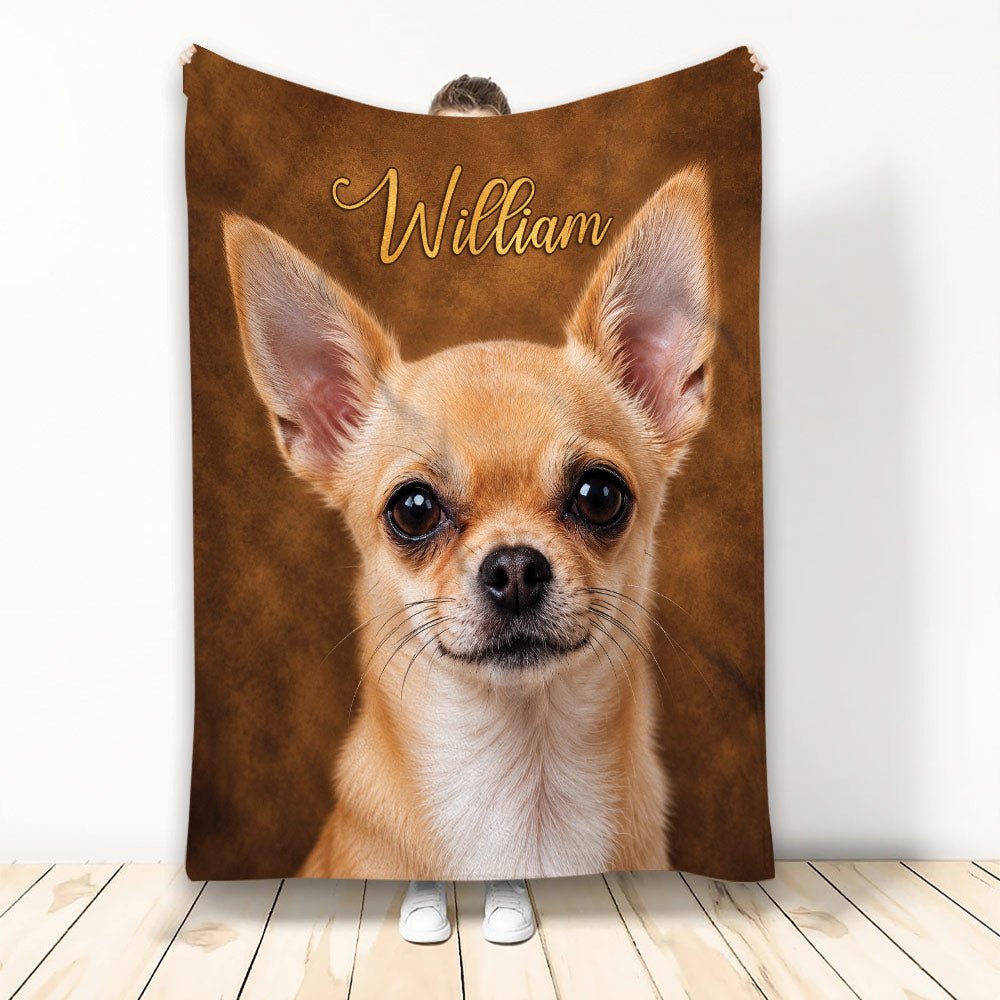 Chihuahua throw blanket displayed upright with a realistic tan dog portrait on a warm brown background