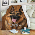 German Shepherd blanket draped over a sofa with realistic dog artwork in a cozy living room