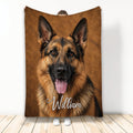 German Shepherd throw blanket displayed upright with a realistic dog portrait on a warm brown background