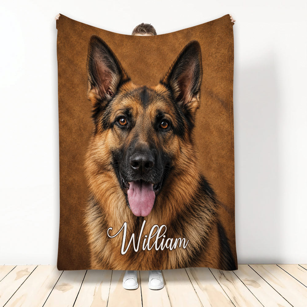 German Shepherd throw blanket displayed upright with a realistic dog portrait on a warm brown background