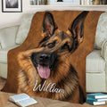 German Shepherd throw blanket spread across a sofa, featuring a close-up dog portrait and warm brown tones