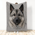 Norwegian Elkhound blanket with a realistic gray dog face design in a standing display