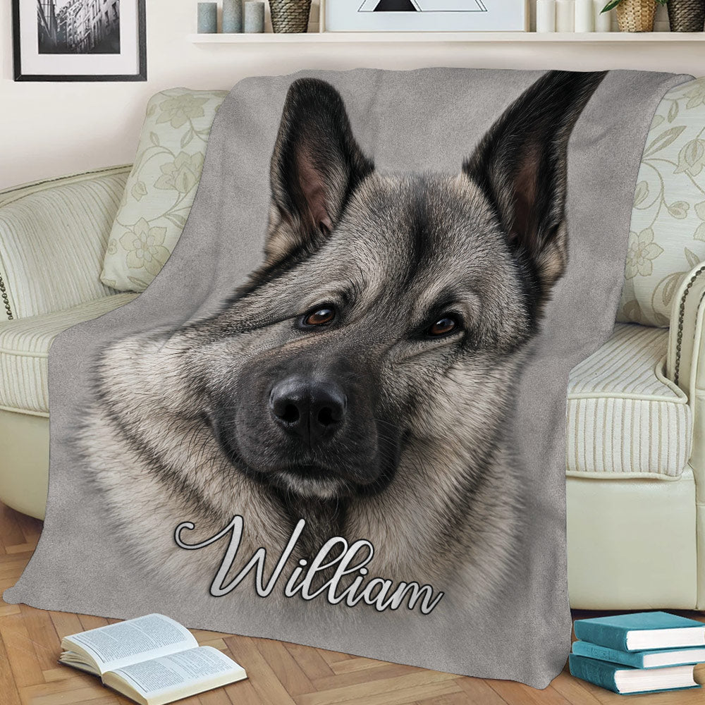 Close-up Norwegian Elkhound blanket displayed on a sofa with realistic dog artwork
