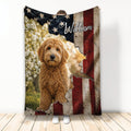 Patriotic Goldendoodle blanket featuring a curly-coated dog, stars, distressed stripes, and outdoor scenery