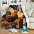 Rustic chicken throw blanket displayed on a sofa with a colorful rooster and countryside farm scene