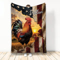 Chicken throw blanket featuring a colorful rooster, rustic farm sunset, and patriotic red, white, and blue artwork