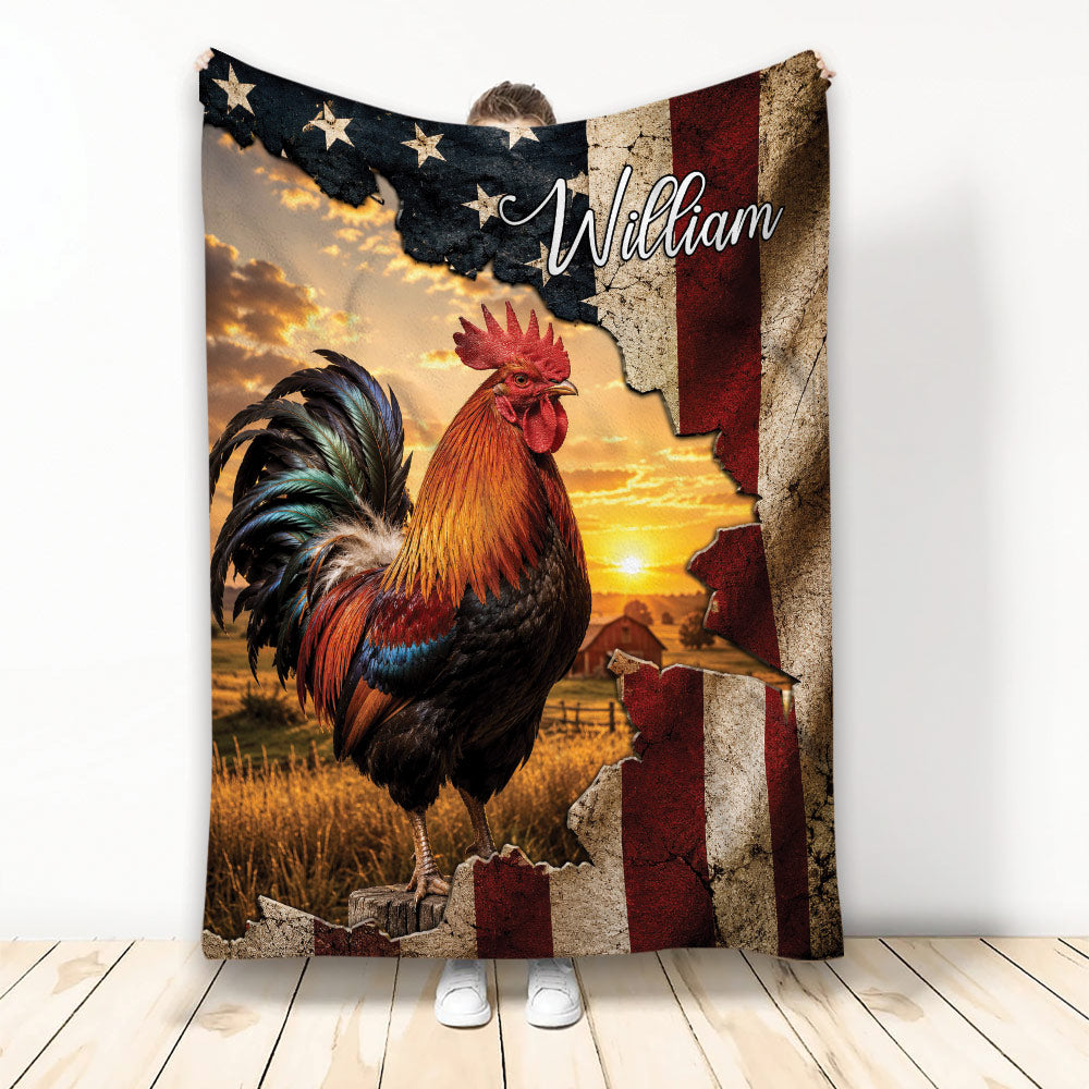 Chicken throw blanket featuring a colorful rooster, rustic farm sunset, and patriotic red, white, and blue artwork
