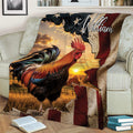 Rooster chicken blanket styled on a couch with sunset farmland artwork and distressed patriotic accents