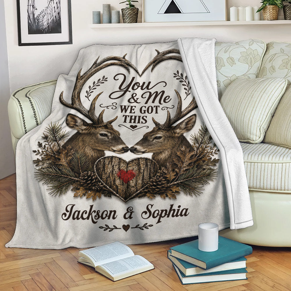 Deer hunting throw blanket styled on a cozy sofa with romantic woodland artwork