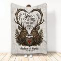 Rustic hunting blanket featuring two deer beneath heart-shaped antlers and woodland foliage