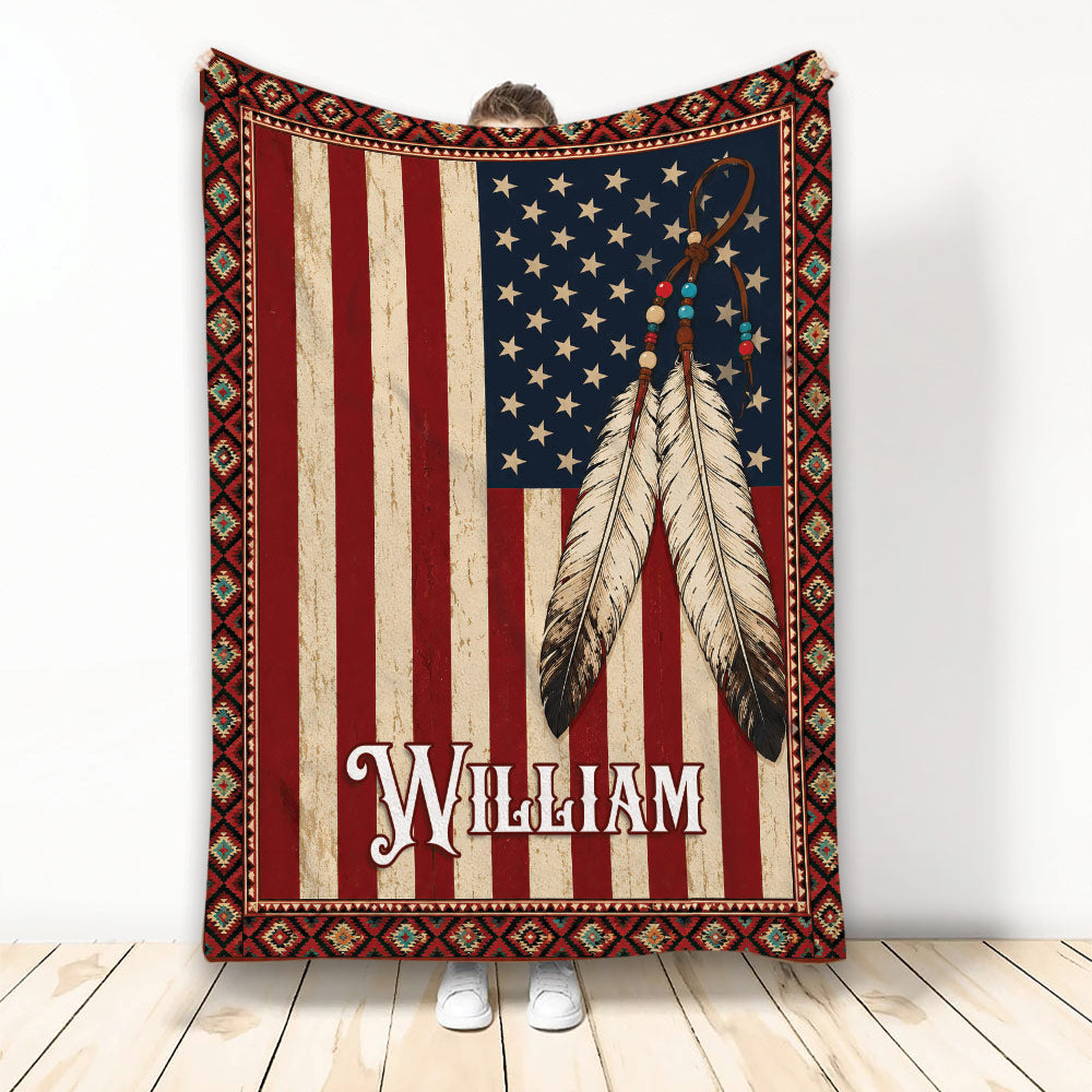 American Native throw blanket with patriotic flag, feather artwork, beaded ornament, and geometric border