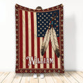 American Native throw blanket with patriotic flag, feather artwork, beaded ornament, and geometric border