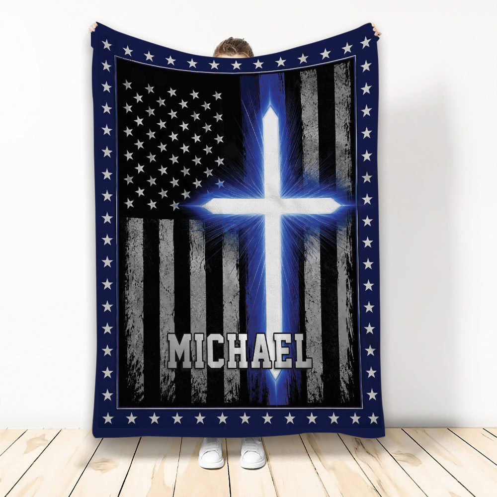 Police throw blanket featuring a thin blue line flag design with stars, blue cross, and distressed stripes