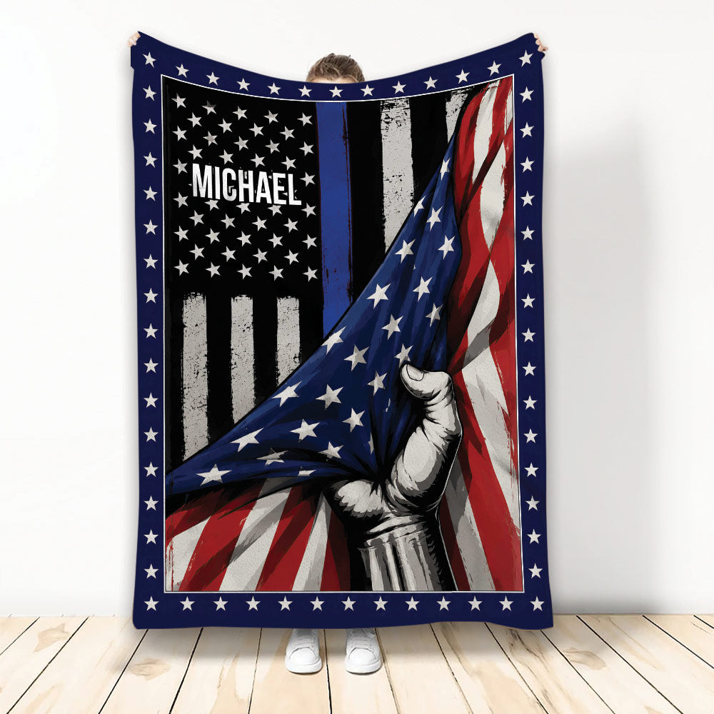 Police throw blanket with thin blue line, American flag artwork, stars, and raised fist graphic
