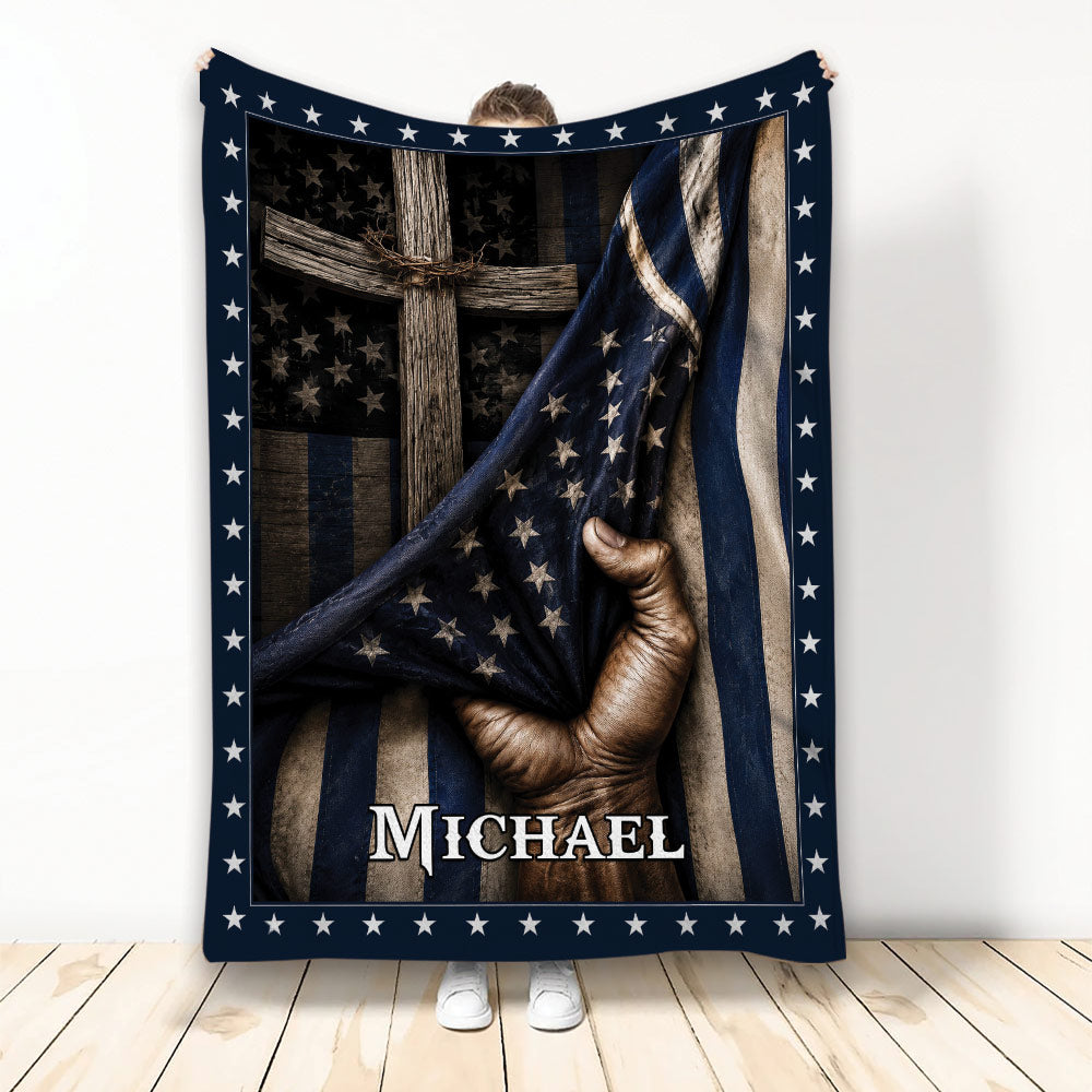 Custom police thin blue line blanket with wooden cross, hand holding distressed American flag and custom name design