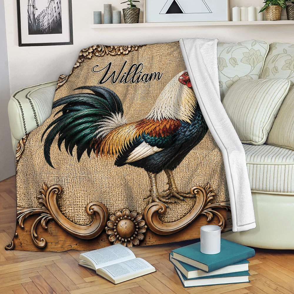 Rustic rooster chicken blanket draped over a living room sofa for cozy home decor